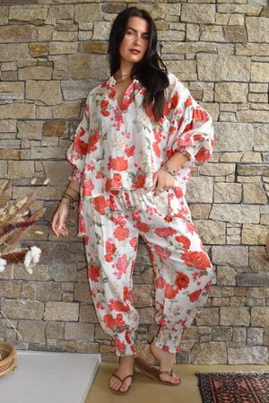Daughter Of Ibiza Cabbage Rose Balloon Sleeve Shirt Scarlet 
